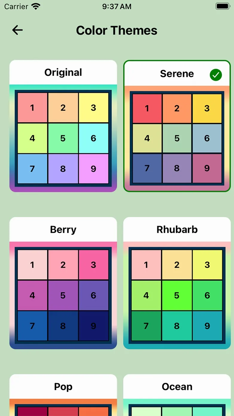 Color Themes screen with palette preview cards for Original, Serene, Berry and Rhubarb — Serene marked selected — and Pop and Ocean starting below